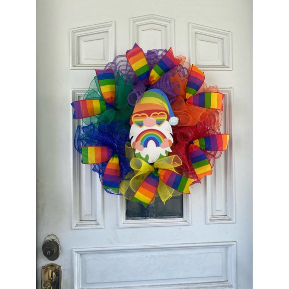 Everyone is Welcome Here Rainbow Gnome Pride Flag LGBTQ Sign Mesh Ribbon Wreath - Picture 8 of 9